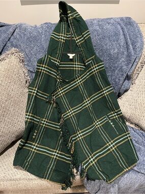 Green Plaid Hooded Fringe Poncho